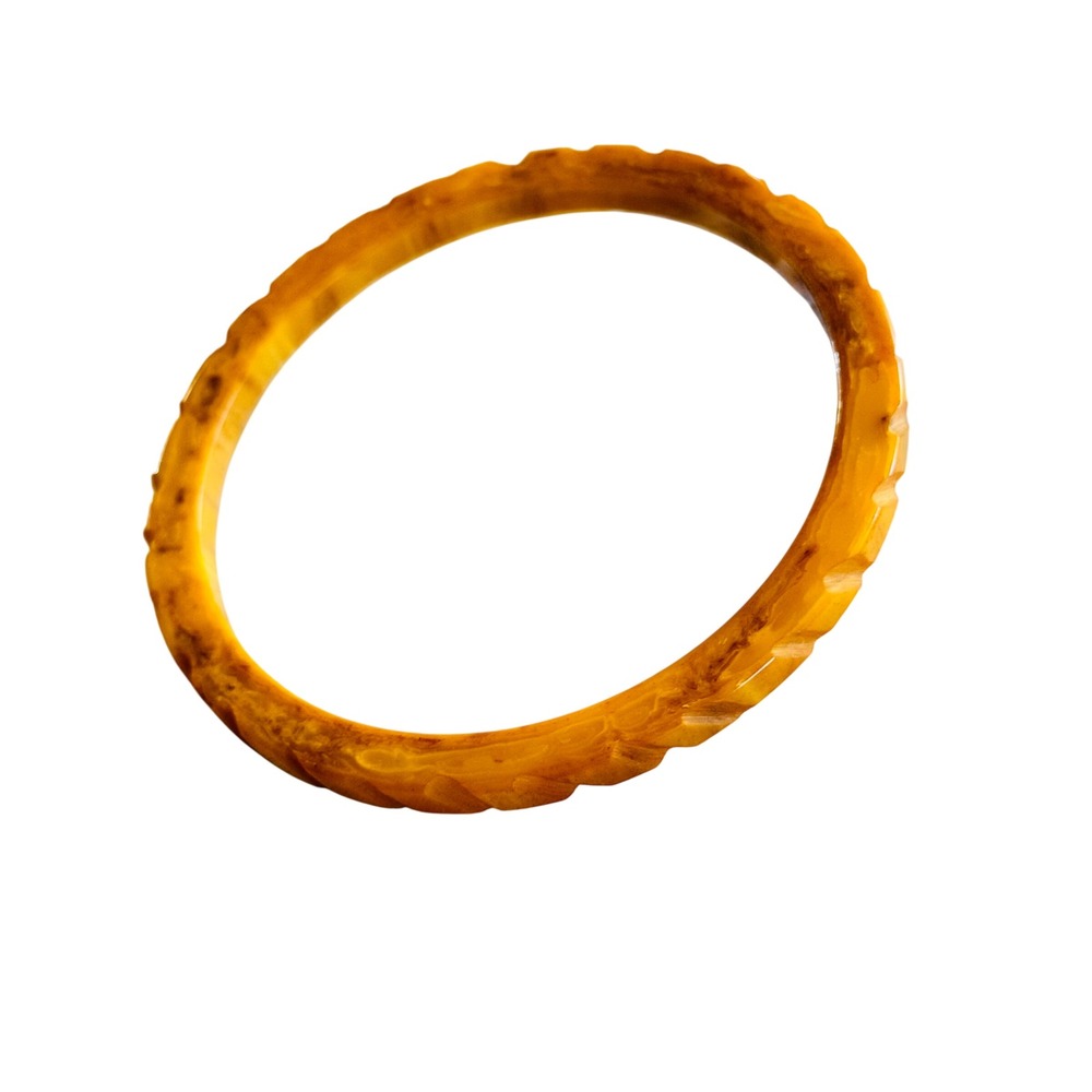 VTG Motif Carved Yellow Butterscotch Bakelite Bangle Bracelet‎ Tested Marbleized